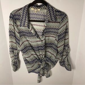 Vintage Button-Front Geometric Tie-Front Sheer Blouse-Navy Sage Tan Size Med